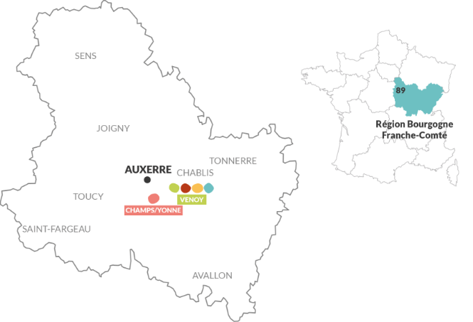 Carte region de l'Yonne indiquant les positions des centres